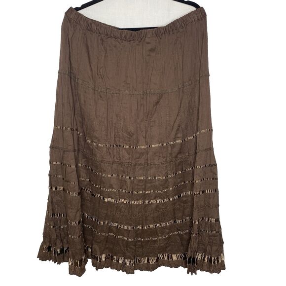 Rafaella Tiered Midi Skirt Eyelet Ribbon Detail Boho Flowy Cotton Size L Brown - Picture 1 of 7